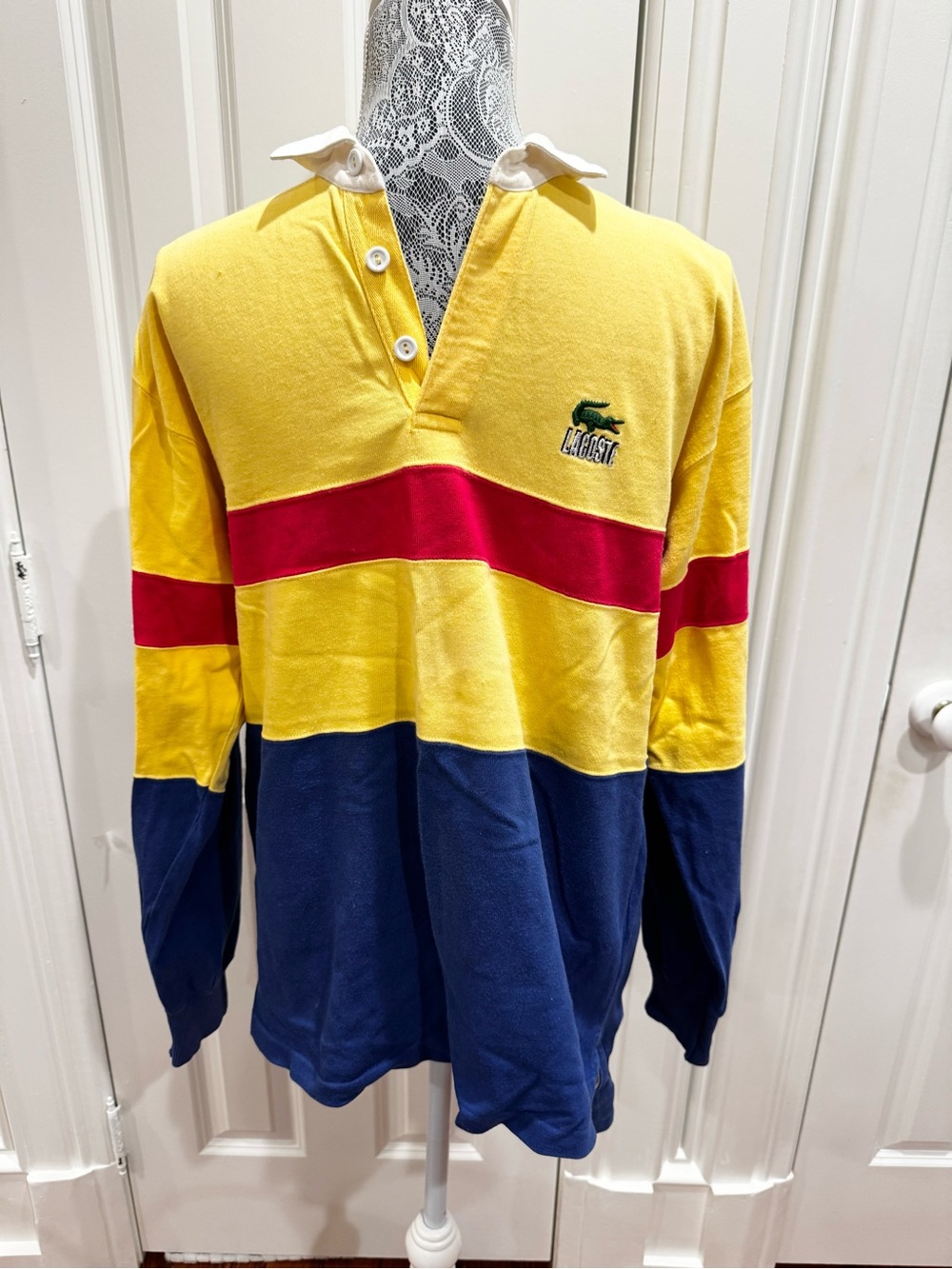 Vintage Lacoste Men’s Yellow, Red & Navy Colorblock Rugby Polo Sz. M 100% Cotton
